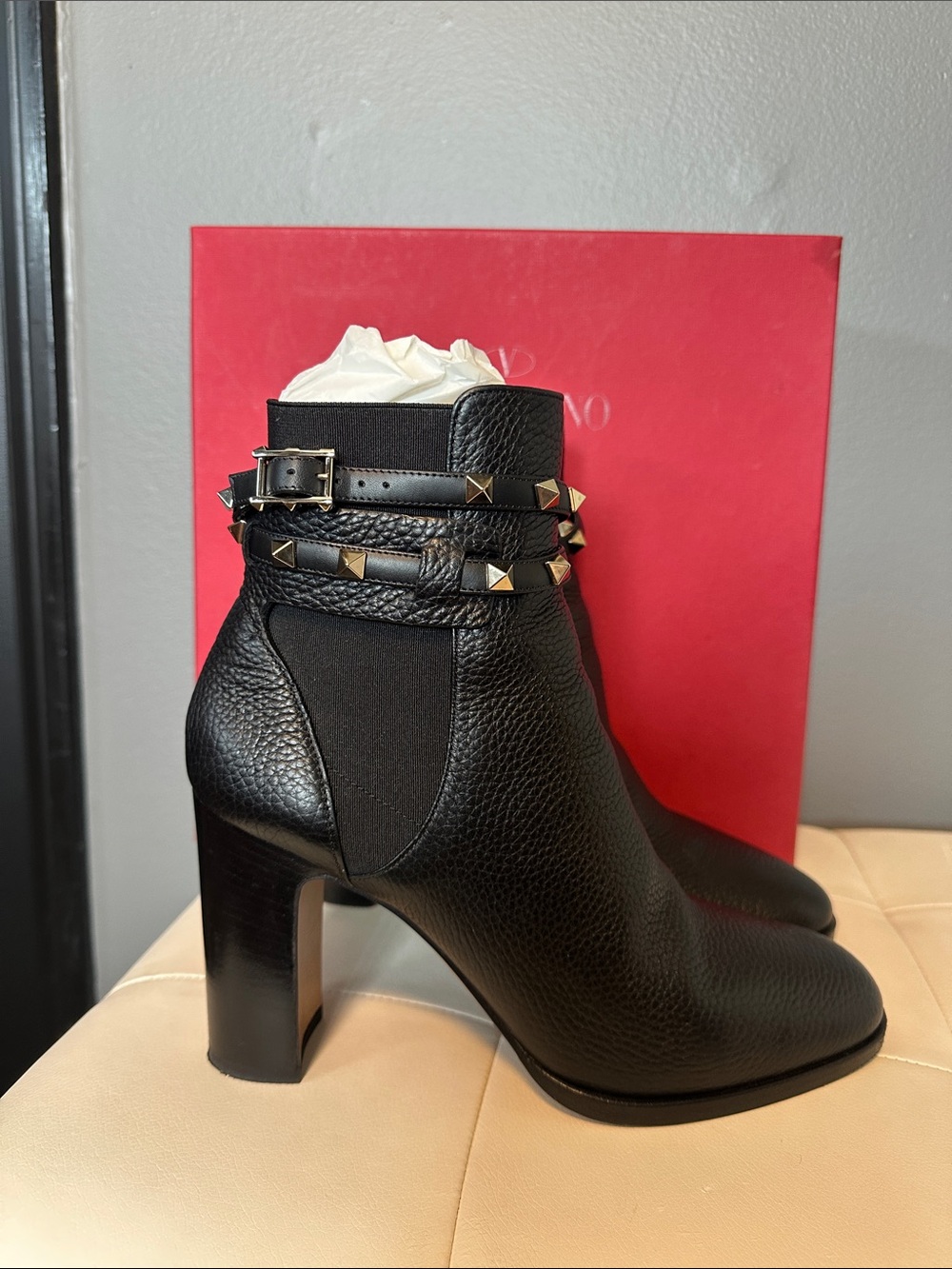 Valentino Black Pebbled Leather Rockstud Strap Ankle Boots
